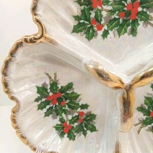 MCM Ucagco Japan Lusterware Opalescent Leaf Shape Holly Berry Tri-section...